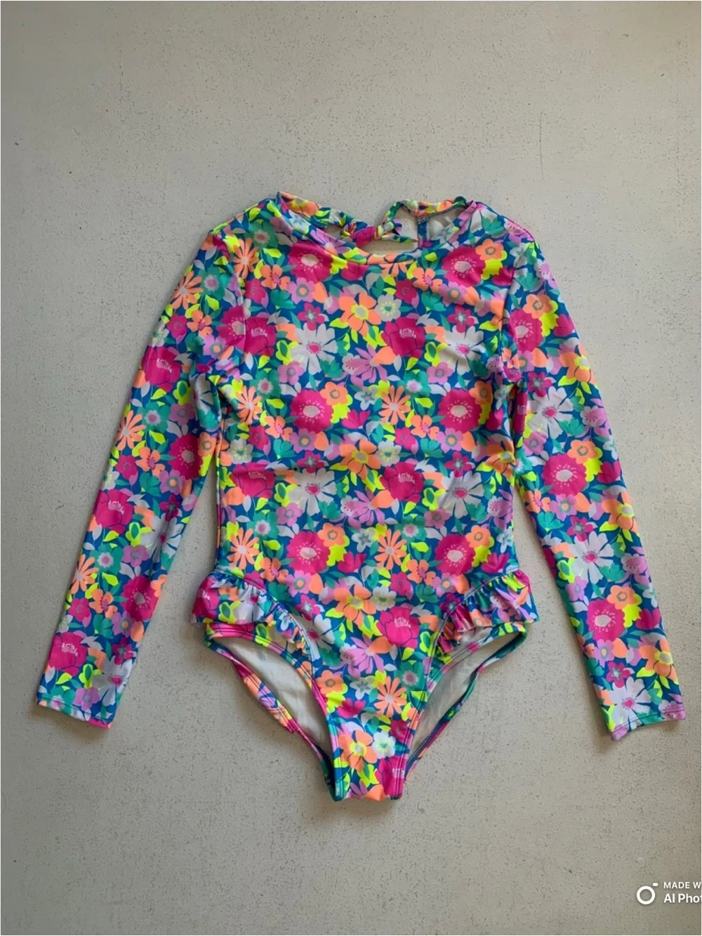 Cat & Jack Girls Large Colorful Flower Print Long Sleeve One Piece Swimsuit NWOT
